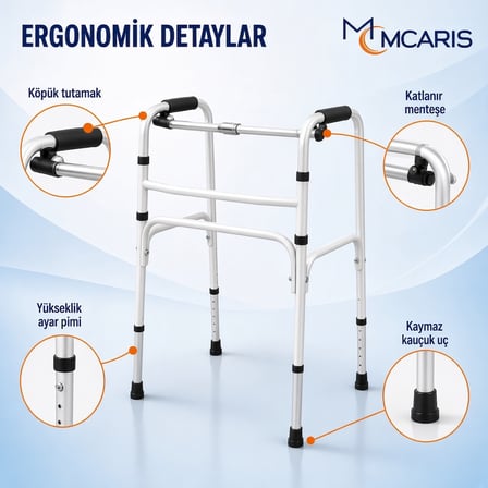 Katlanabilir Yürüteç Beyaz | MCARIS Walker Hasta Yaşlı Yürüteci | Boru Çapı 25 mm