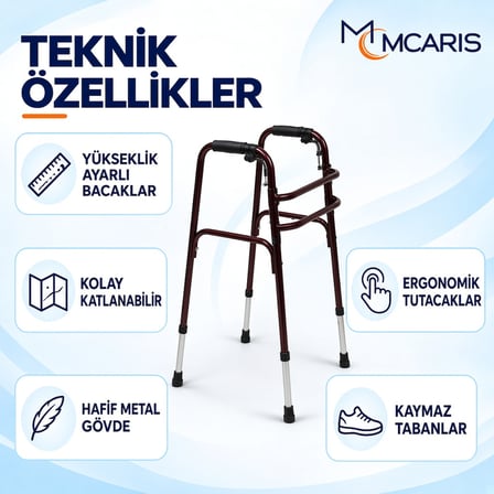 Katlanabilir Yürüteç Bordo | MCARIS Walker Hasta Yaşlı Yürüteci | Boru Çapı 25 mm