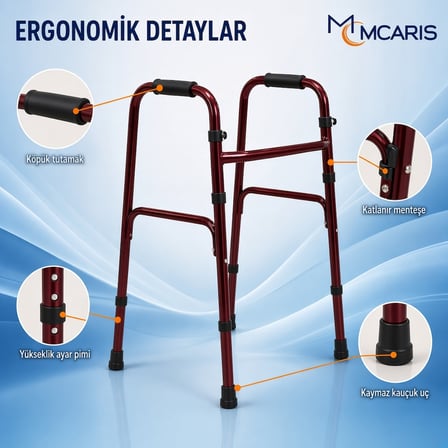 Katlanabilir Yürüteç Bordo | MCARIS Walker Hasta Yaşlı Yürüteci | Boru Çapı 25 mm