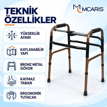 Katlanabilir Yürüteç Bronz | MCARIS Metal Walker | Boru Çapı 25 mm