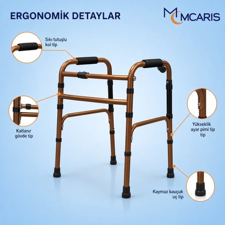 Katlanabilir Yürüteç Bronz | MCARIS Metal Walker | Boru Çapı 25 mm
