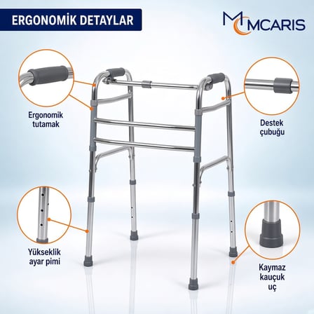 Katlanabilir Yürüteç Krom | MCARIS Hafif Walker | Boru Çapı 25 mm