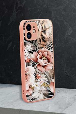 iPhone 11 Uyumlu Floral Zebra Desenli Glossy Glass Kamera Korumalı Silikonlu Telefon Kılıfı