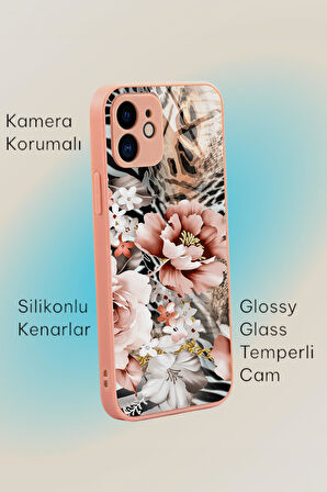 iPhone 11 Uyumlu Floral Zebra Desenli Glossy Glass Kamera Korumalı Silikonlu Telefon Kılıfı