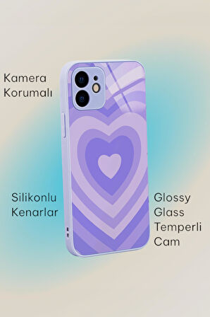 iPhone 11 Uyumlu Beyaz Kalpler Desenli Glossy Glass Kamera Korumalı Silikonlu Telefon Kılıfı