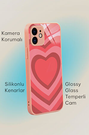 iPhone 11 Uyumlu Beyaz Kalpler Desenli Glossy Glass Kamera Korumalı Silikonlu Telefon Kılıfı