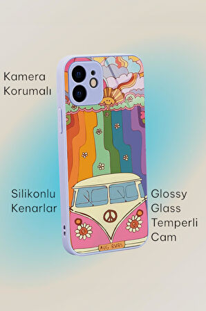 iPhone 11 Uyumlu Sevimi Karavan Desenli Glossy Glass Kamera Korumalı Silikonlu Telefon Kılıfı