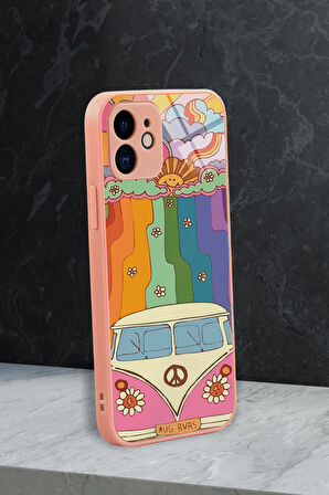 iPhone 11 Uyumlu Sevimi Karavan Desenli Glossy Glass Kamera Korumalı Silikonlu Telefon Kılıfı