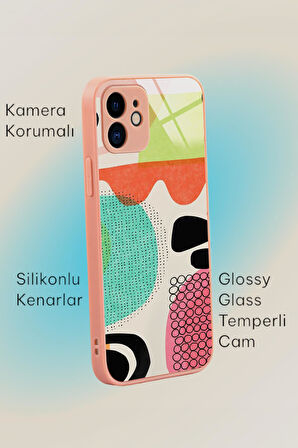 iPhone 11 Uyumlu Soyut Tasarım Desenli Glossy Glass Kamera Korumalı Silikonlu Telefon Kılıfı