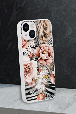 iPhone 13 Uyumlu Floral Zebra Desenli Glossy Glass Kamera Korumalı Silikonlu Telefon Kılıfı