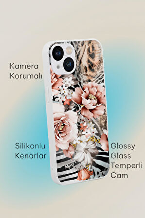iPhone 13 Uyumlu Floral Zebra Desenli Glossy Glass Kamera Korumalı Silikonlu Telefon Kılıfı