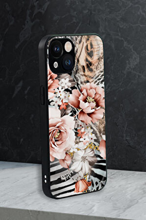 iPhone 13 Uyumlu Floral Zebra Desenli Glossy Glass Kamera Korumalı Silikonlu Telefon Kılıfı