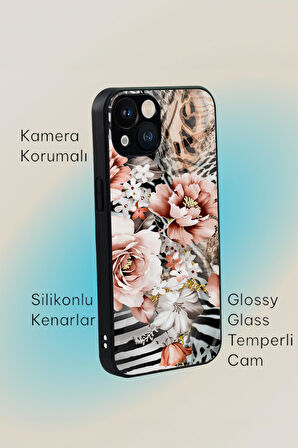 iPhone 13 Uyumlu Floral Zebra Desenli Glossy Glass Kamera Korumalı Silikonlu Telefon Kılıfı
