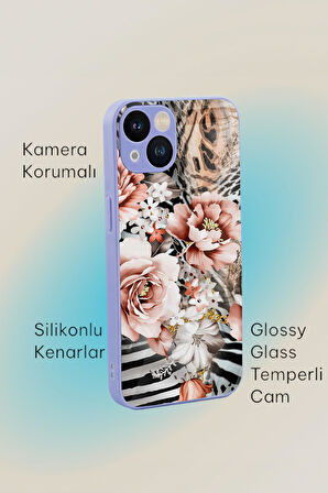 iPhone 13 Uyumlu Floral Zebra Desenli Glossy Glass Kamera Korumalı Silikonlu Telefon Kılıfı