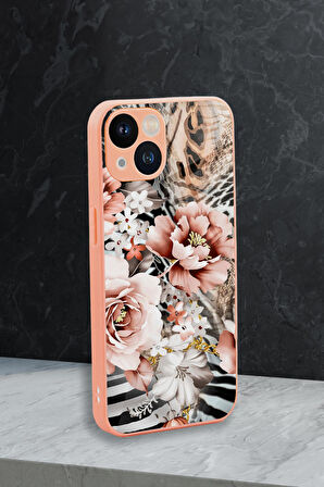 iPhone 13 Uyumlu Floral Zebra Desenli Glossy Glass Kamera Korumalı Silikonlu Telefon Kılıfı