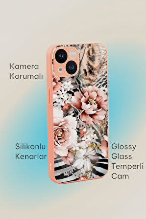 iPhone 13 Uyumlu Floral Zebra Desenli Glossy Glass Kamera Korumalı Silikonlu Telefon Kılıfı