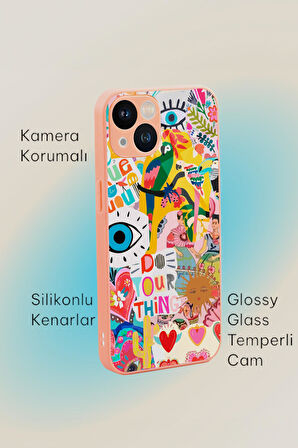iPhone 13 Uyumlu Fun Desenli Glossy Glass Kamera Korumalı Silikonlu Telefon Kılıfı
