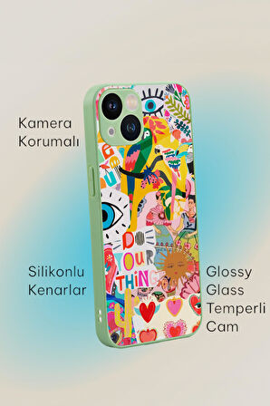 iPhone 13 Uyumlu Fun Desenli Glossy Glass Kamera Korumalı Silikonlu Telefon Kılıfı
