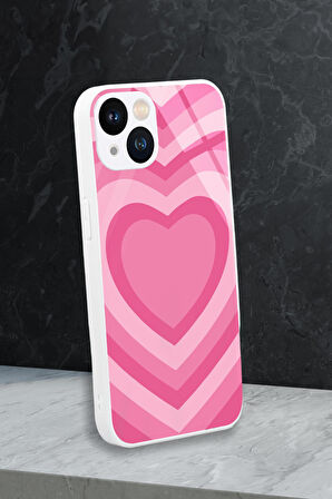 iPhone 13 Uyumlu Beyaz Kalpler Desenli Glossy Glass Kamera Korumalı Silikonlu Telefon Kılıfı