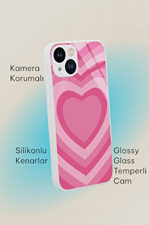 iPhone 13 Uyumlu Beyaz Kalpler Desenli Glossy Glass Kamera Korumalı Silikonlu Telefon Kılıfı