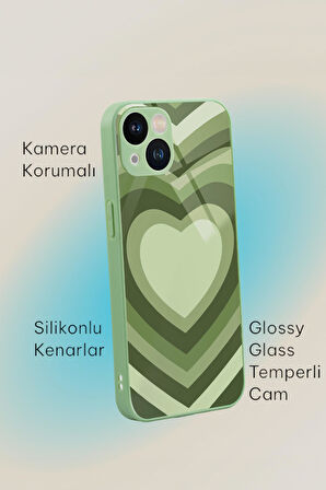 iPhone 13 Uyumlu Beyaz Kalpler Desenli Glossy Glass Kamera Korumalı Silikonlu Telefon Kılıfı