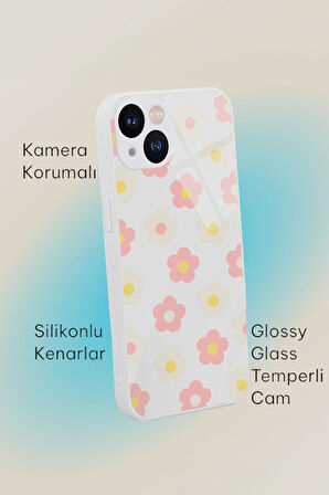 iPhone 13 Uyumlu Minik Çiçekler Desenli Glossy Glass Kamera Korumalı Silikonlu Telefon Kılıfı