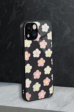 iPhone 13 Uyumlu Minik Çiçekler Desenli Glossy Glass Kamera Korumalı Silikonlu Telefon Kılıfı