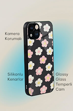 iPhone 13 Uyumlu Minik Çiçekler Desenli Glossy Glass Kamera Korumalı Silikonlu Telefon Kılıfı