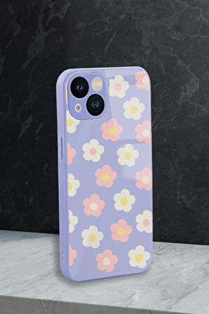 iPhone 13 Uyumlu Minik Çiçekler Desenli Glossy Glass Kamera Korumalı Silikonlu Telefon Kılıfı