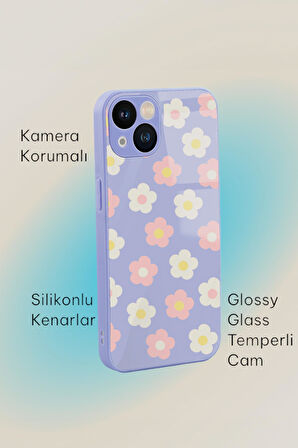 iPhone 13 Uyumlu Minik Çiçekler Desenli Glossy Glass Kamera Korumalı Silikonlu Telefon Kılıfı