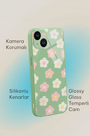 iPhone 13 Uyumlu Minik Çiçekler Desenli Glossy Glass Kamera Korumalı Silikonlu Telefon Kılıfı