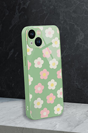 iPhone 13 Uyumlu Minik Çiçekler Desenli Glossy Glass Kamera Korumalı Silikonlu Telefon Kılıfı