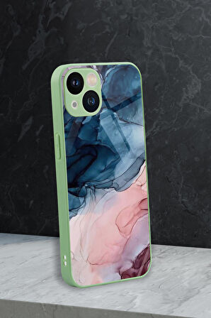 iPhone 13 Uyumlu Renkli Mermer Desenli Glossy Glass Kamera Korumalı Silikonlu Telefon Kılıfı