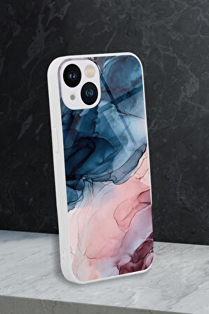 iPhone 13 Uyumlu Renkli Mermer Desenli Glossy Glass Kamera Korumalı Silikonlu Telefon Kılıfı