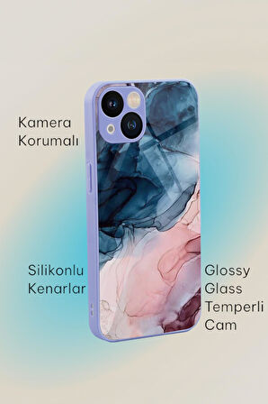 iPhone 13 Uyumlu Renkli Mermer Desenli Glossy Glass Kamera Korumalı Silikonlu Telefon Kılıfı