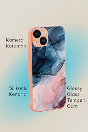 iPhone 13 Uyumlu Renkli Mermer Desenli Glossy Glass Kamera Korumalı Silikonlu Telefon Kılıfı