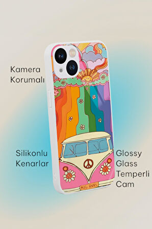 iPhone 13 Uyumlu Sevimi Karavan Desenli Glossy Glass Kamera Korumalı Silikonlu Telefon Kılıfı