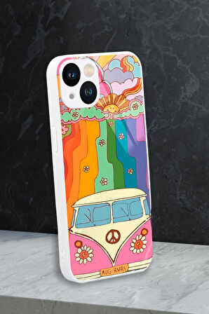 iPhone 13 Uyumlu Sevimi Karavan Desenli Glossy Glass Kamera Korumalı Silikonlu Telefon Kılıfı