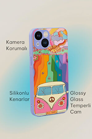 iPhone 13 Uyumlu Sevimi Karavan Desenli Glossy Glass Kamera Korumalı Silikonlu Telefon Kılıfı