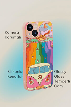 iPhone 13 Uyumlu Sevimi Karavan Desenli Glossy Glass Kamera Korumalı Silikonlu Telefon Kılıfı