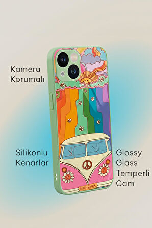 iPhone 13 Uyumlu Sevimi Karavan Desenli Glossy Glass Kamera Korumalı Silikonlu Telefon Kılıfı
