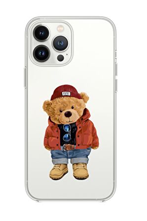 iPhone 13 Pro Uyumlu Teddy Bear Desenli Kamera Lens Korumalı Premium Silikonlu Şeffaf Kılıf