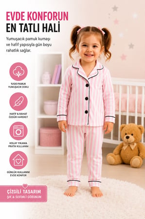 Pembe Çizgili Kız Pijama Takımı