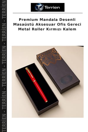 Premium Mandala Desenli Masaüstü Aksesuar Ofis Gereci Metal Roller Kırmızı Kalem