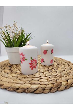 Soya Wax Kokulu Çiçek Desenli Mum Seti - beyaz