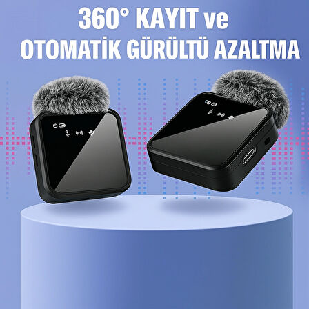 Kablosuz Çift Yaka Mikrofonu – 360° Kayıt, Akıllı Gürültü Azaltma, Lightning + Type-C + 3.5mm Uyumlu