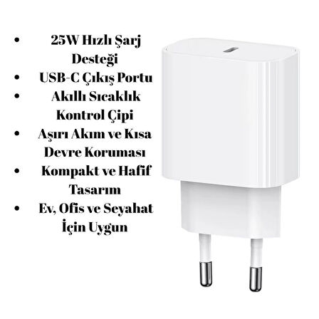 25W USB-C Hızlı Şarj Adaptörü | Akıllı Çipli, Güvenli ve Kompakt Tasarım