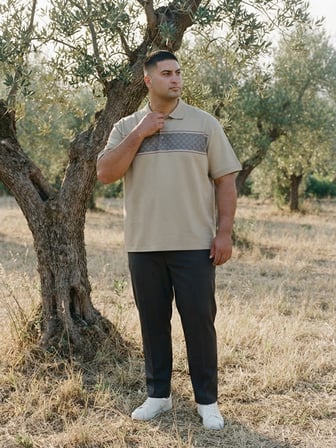 Maccali Bej Erkek Büyük Beden Desenli Bol Polo Yaka Tişört