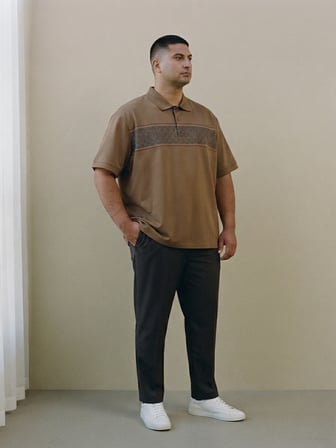 Maccali Kahve Erkek Büyük Beden Desenli Bol Polo Yaka Tişört