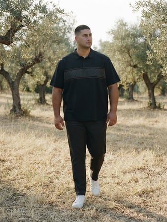 Maccali Siyah Erkek Büyük Beden Desenli Bol Polo Yaka Tişört